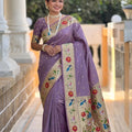 Lavender Purple Floral Woven Linen Silk Saree Designer Peacock Border