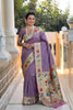 Lavender Purple Floral Woven Linen Silk Saree Designer Peacock Border