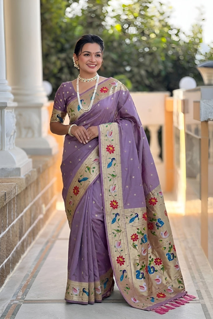 Lavender Purple Floral Woven Linen Silk Saree Designer Peacock Border