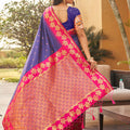 Royal Purple Silk Saree with Pink Contrast Border Floral Zari Work
