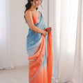 Sky Blue Coral Peach Ombre Organza Saree Embroidered Border