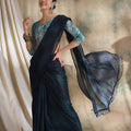 Navy Blue Striped Organza Saree with Designer Teal Printed Blouse