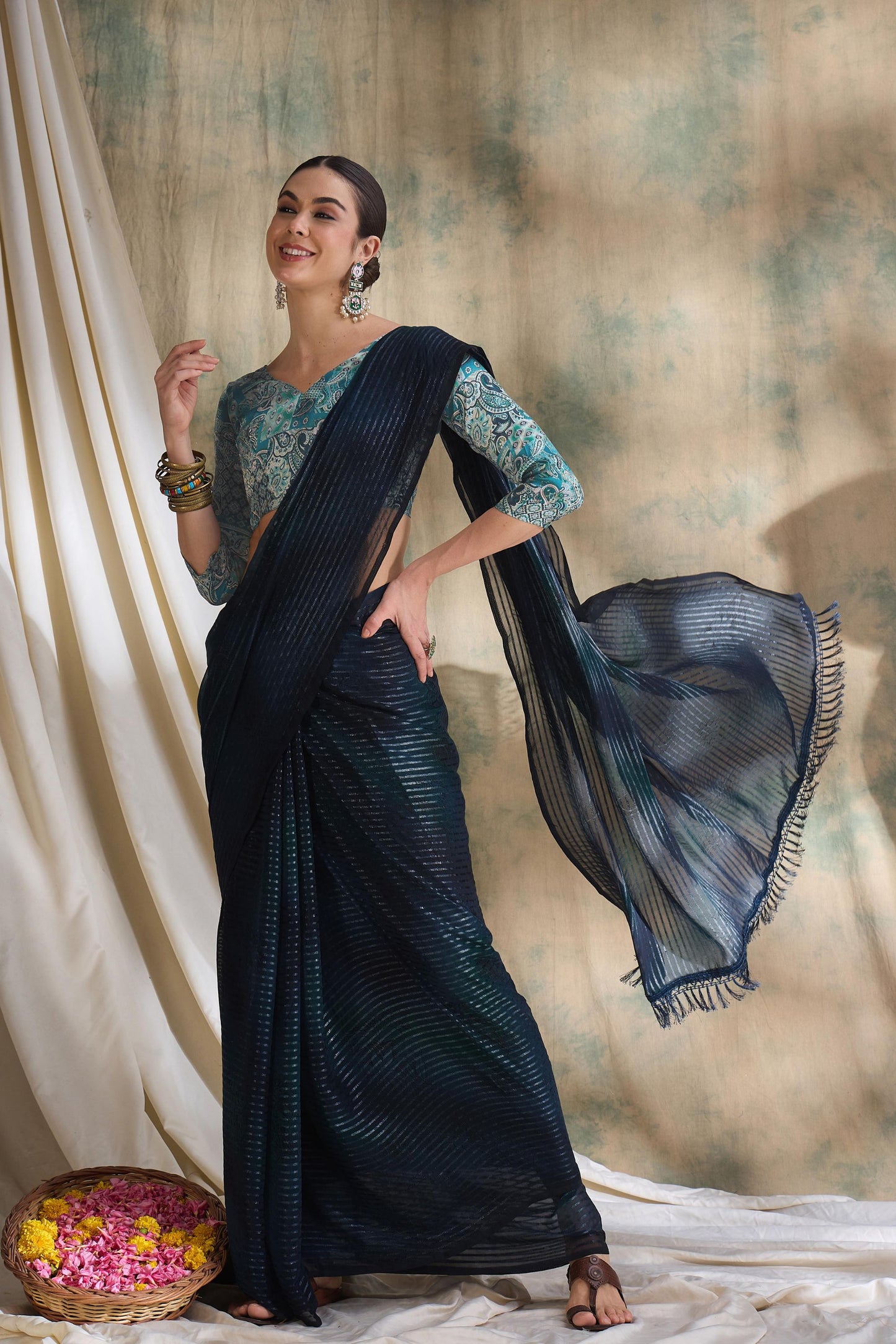 Navy Blue Striped Organza Saree with Designer Teal Printed Blouse