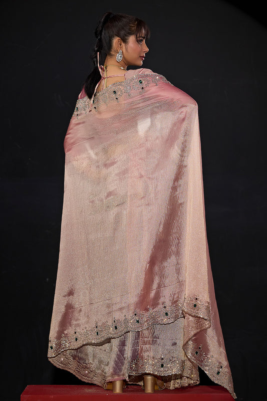 Dusty Pink Shimmer Silk Saree with Heavy Stone Zari Embroidered Border