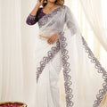 White Organza Saree with Purple Embroidered Border