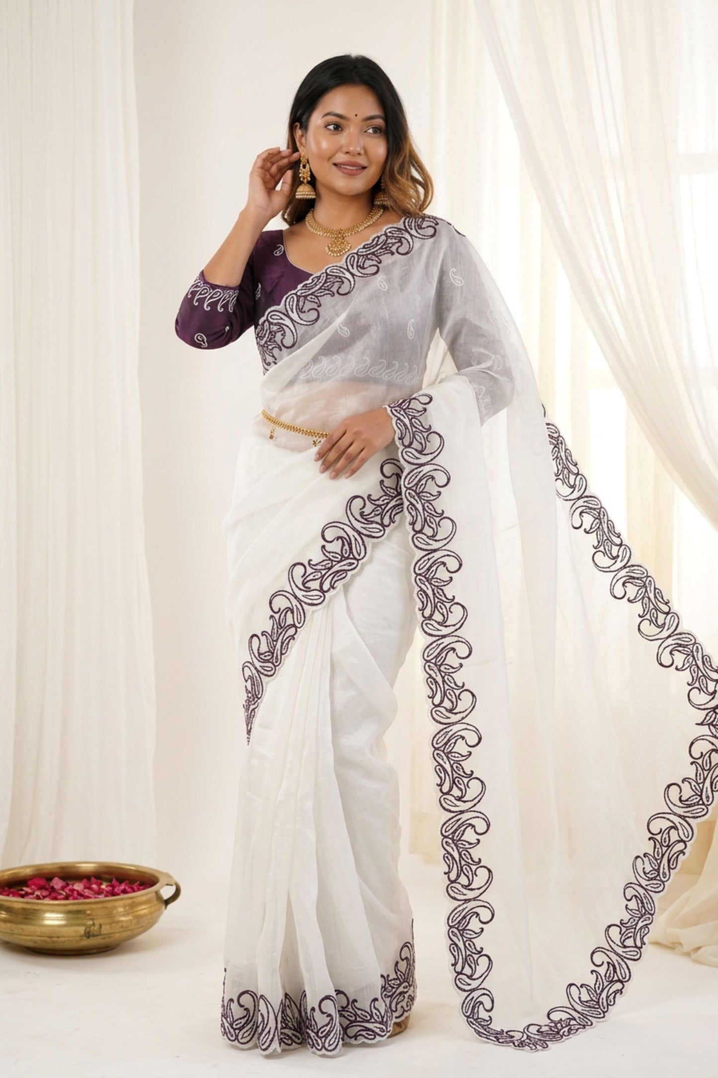 White Organza Saree with Purple Embroidered Border