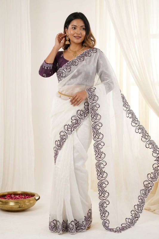 White Organza Saree with Purple Embroidered Border
