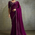 Wine Purple Chiffon Saree Minimal Zari Border Embroidered Blouse 