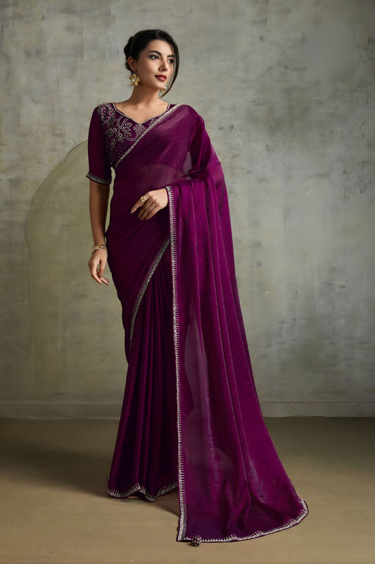 Wine Purple Chiffon Saree Minimal Zari Border Embroidered Blouse 