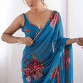 Teal Blue Floral Georgette Saree with Designer Border