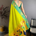 Lime Green Soft Silk Saree with Contrast Aqua Border Designer Pallu