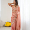 Elegant Peach Pink Organza Silk Saree with Heavy Designer Blouse