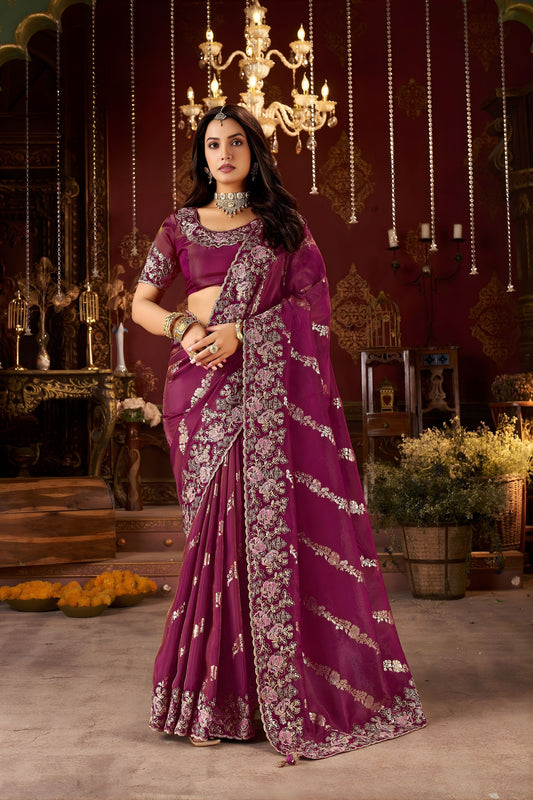 Wine Purple Silk Saree with Heavy Gold Zari Embroidery Designer Blouse