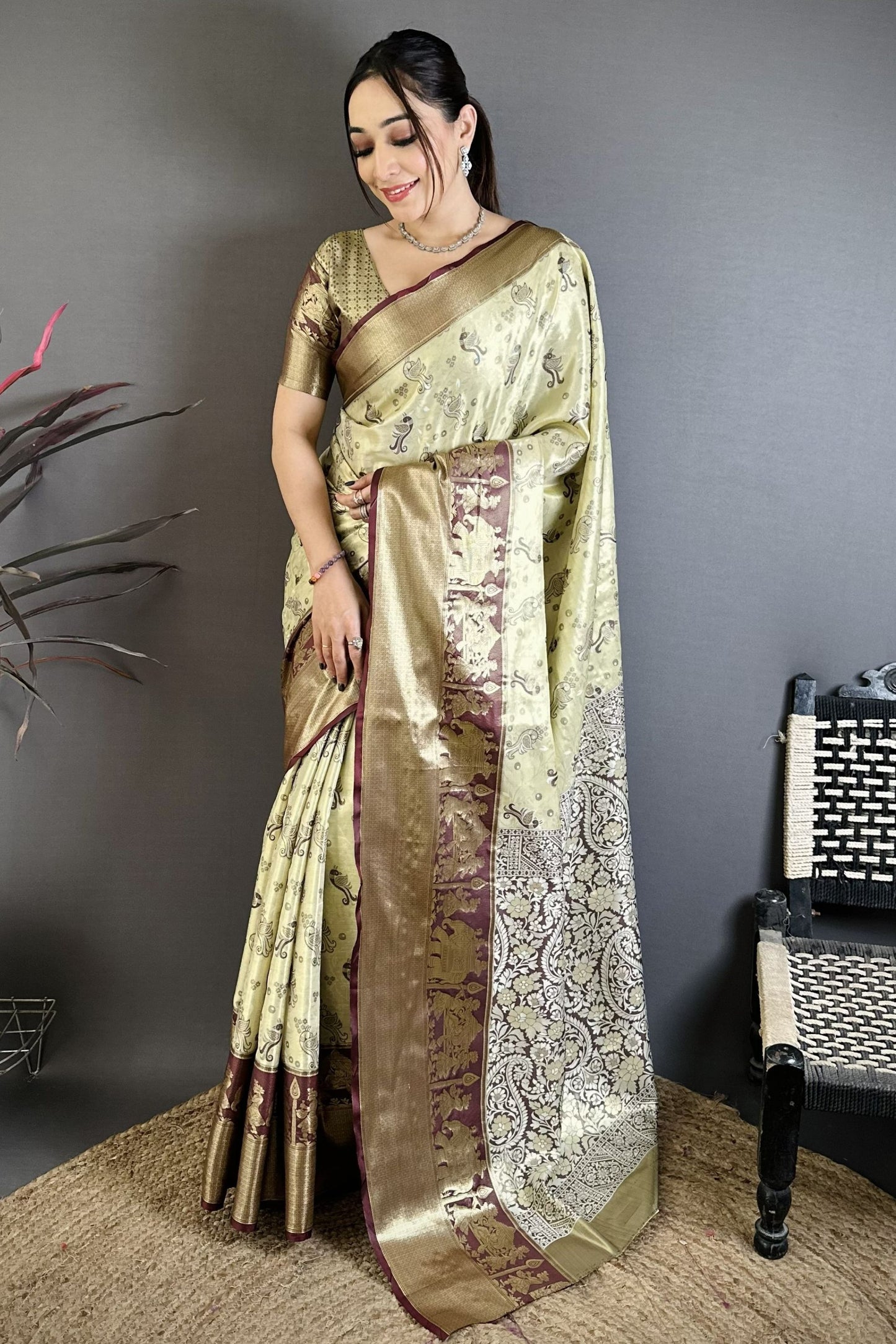 Beige Maroon Kanjivaram Silk Saree Traditional Zari Woven Designer Saree