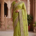 Pista Green Organza Silk Saree Heavy Embroidery Designer Border