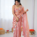 Premium Peach Organza Saree with Elegant White Floral Embroidery Party Wear 