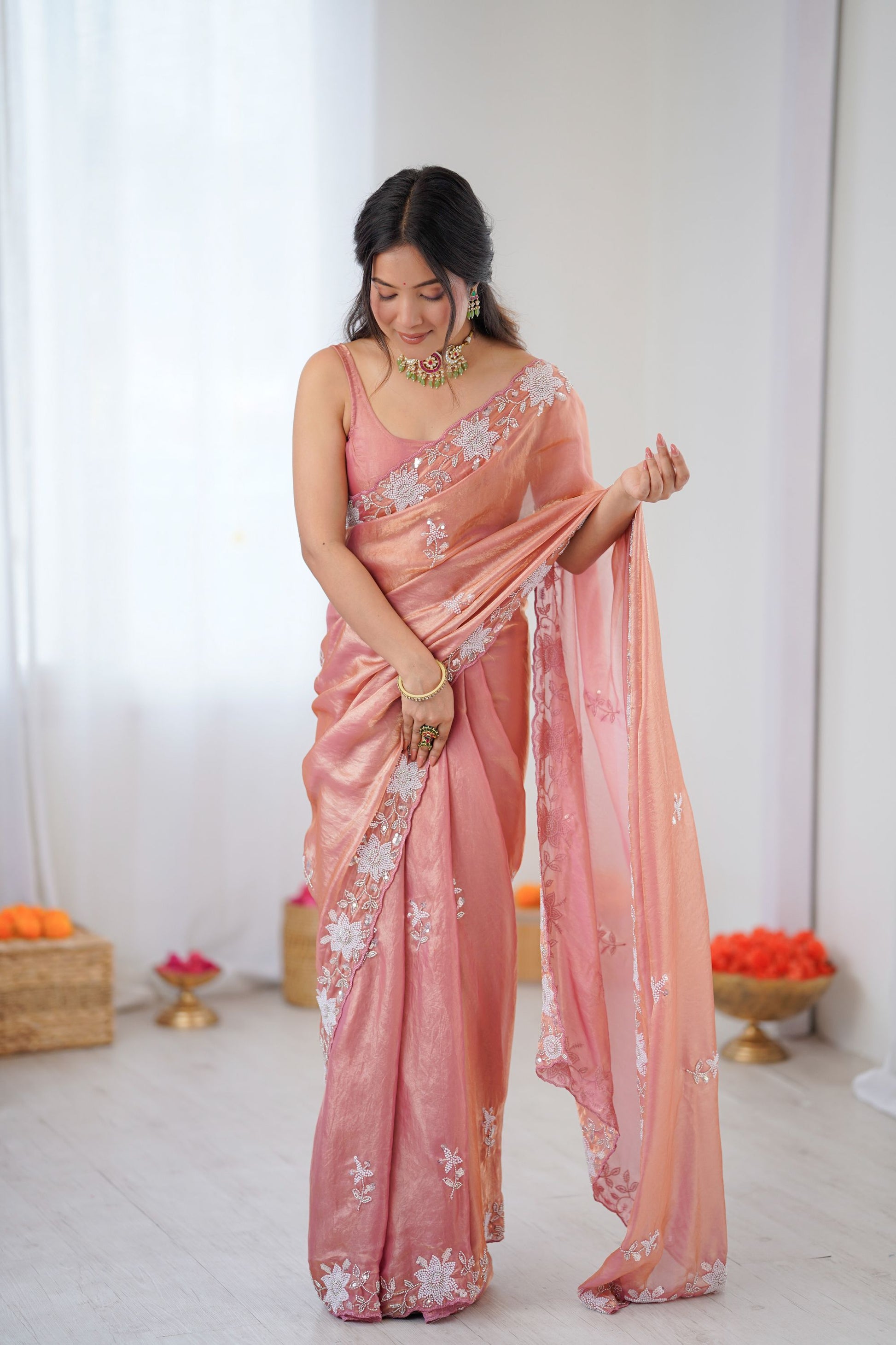 Premium Peach Organza Saree with Elegant White Floral Embroidery Party Wear 