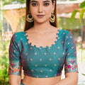 Rani Pink Silk Saree Teal Border Multicolor Peacock Weaving Work