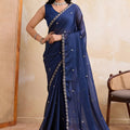 Navy Blue Georgette Saree with Silver Zari Border Butti Work 