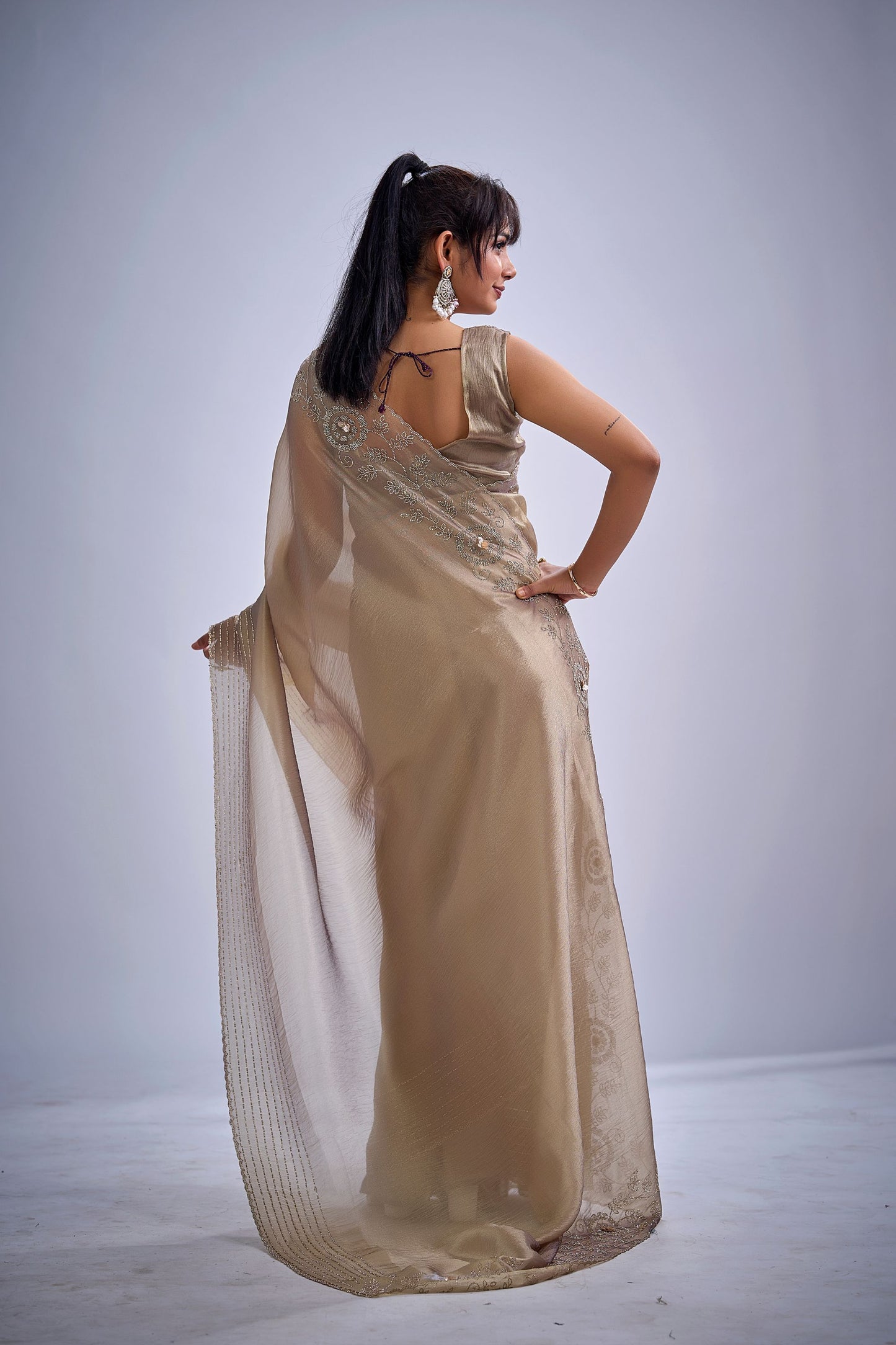 Golden Beige Silk Saree with Zari Embroidery Designer Blouse