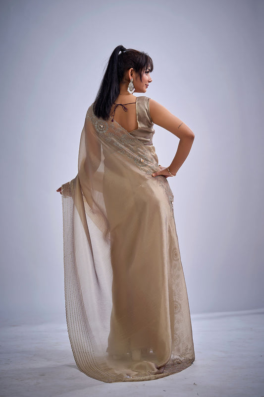 Golden Beige Silk Saree with Zari Embroidery Designer Blouse