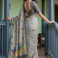 Grey Printed Linen Silk Saree with Multicolor Floral Leaf Design