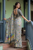 Grey Printed Linen Silk Saree with Multicolor Floral Leaf Design