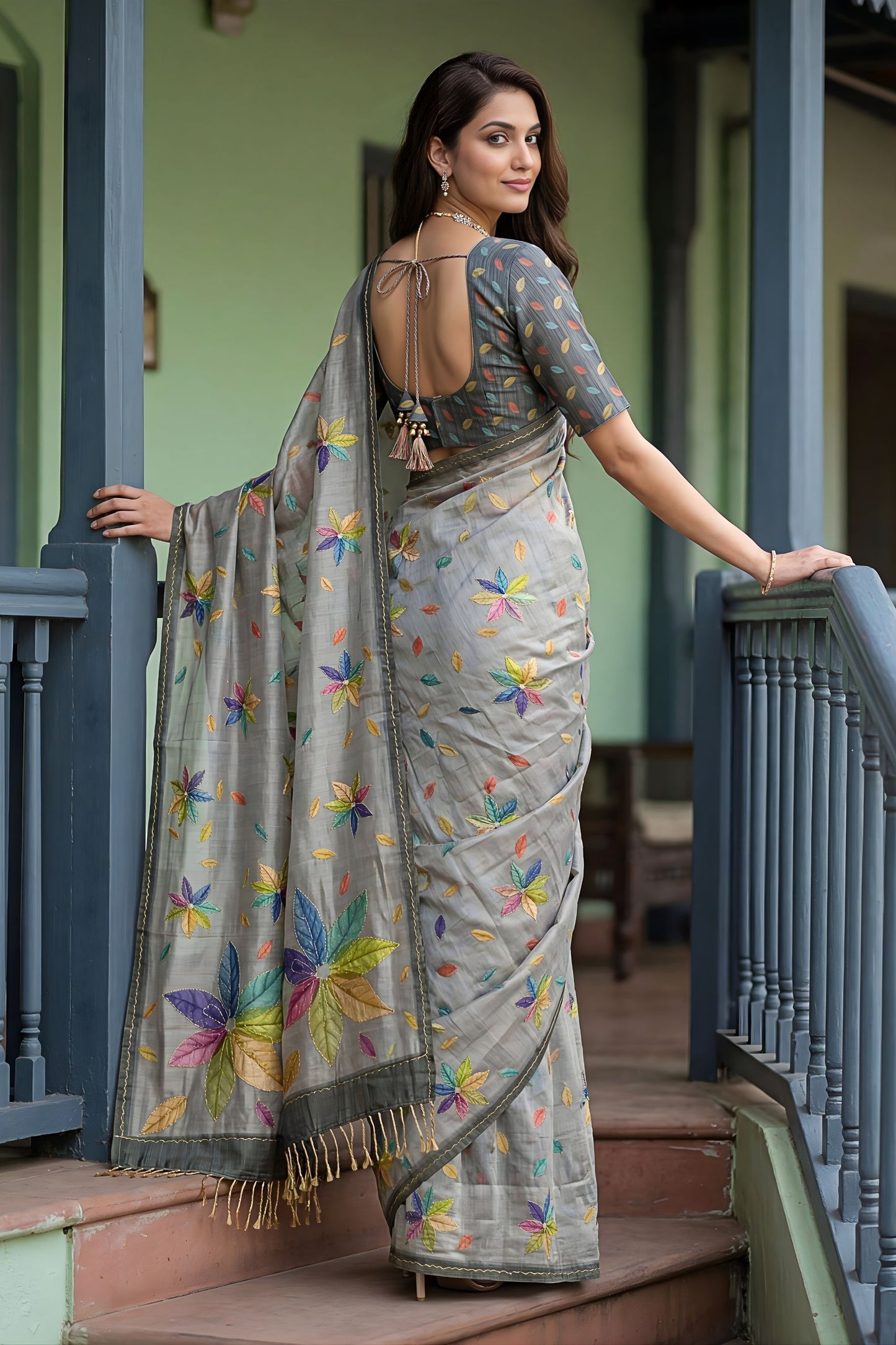 Grey Printed Linen Silk Saree with Multicolor Floral Leaf Design