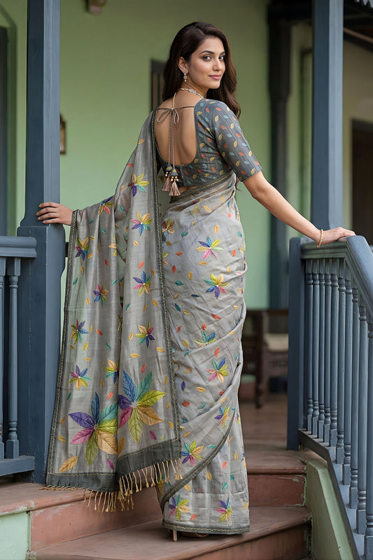 Grey Printed Linen Silk Saree with Multicolor Floral Leaf Design