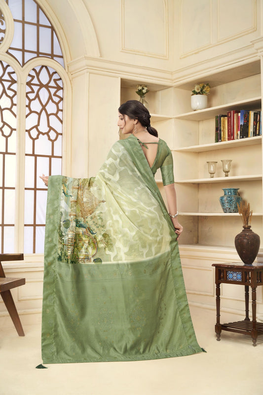 Gorgeous Green and Beige Printed Linen Silk Saree with Zari Work and Blouse Piece