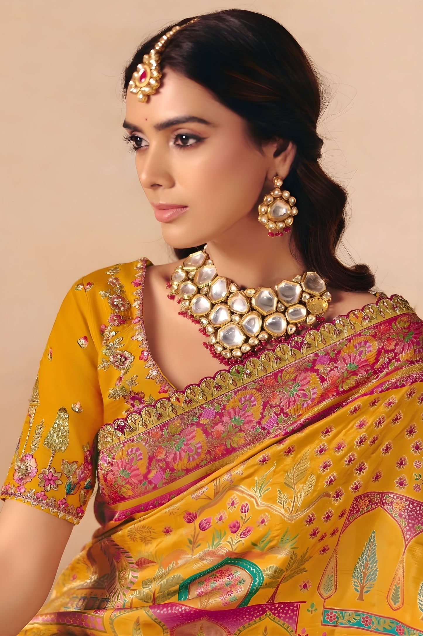 Mustard Yellow Paithani Silk Saree Rich Pink Zari Traditional Motifs Saree