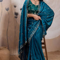 Teal Blue Silk Saree Golden Zari Embroidery Border Matching Blouse 