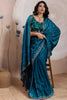 Teal Blue Silk Saree Golden Zari Embroidery Border Matching Blouse 