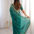 Luxury Teal Green Organza Silk Saree with Golden Embroidered Border