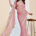 Dusty Pink Saree Multicolor Embroidered Border Ready To Wear