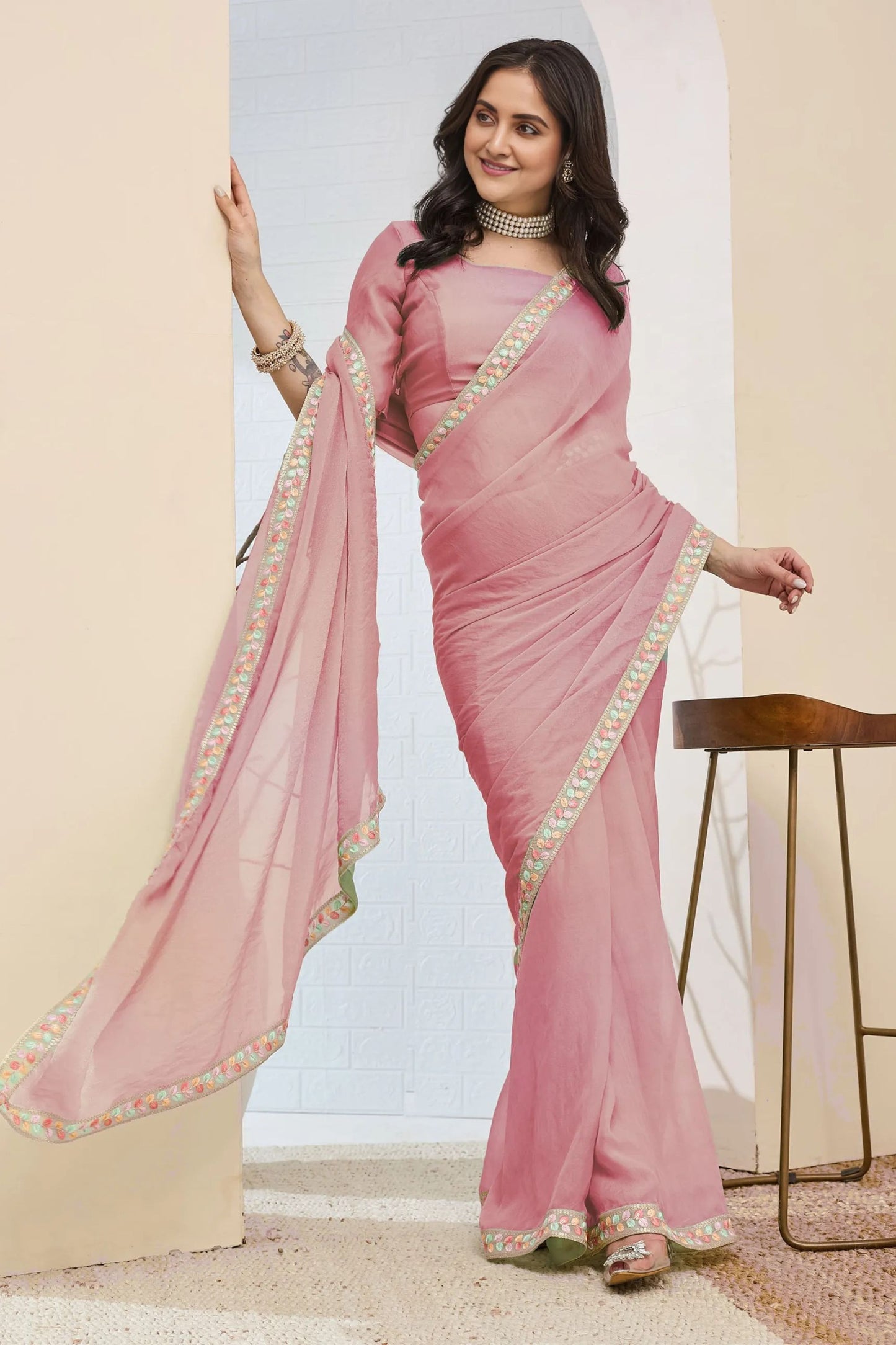 Dusty Pink Saree Multicolor Embroidered Border Ready To Wear