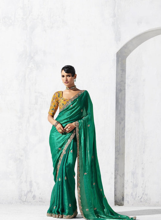 Designer Green Organza Saree Border Mustard Yellow Blouse