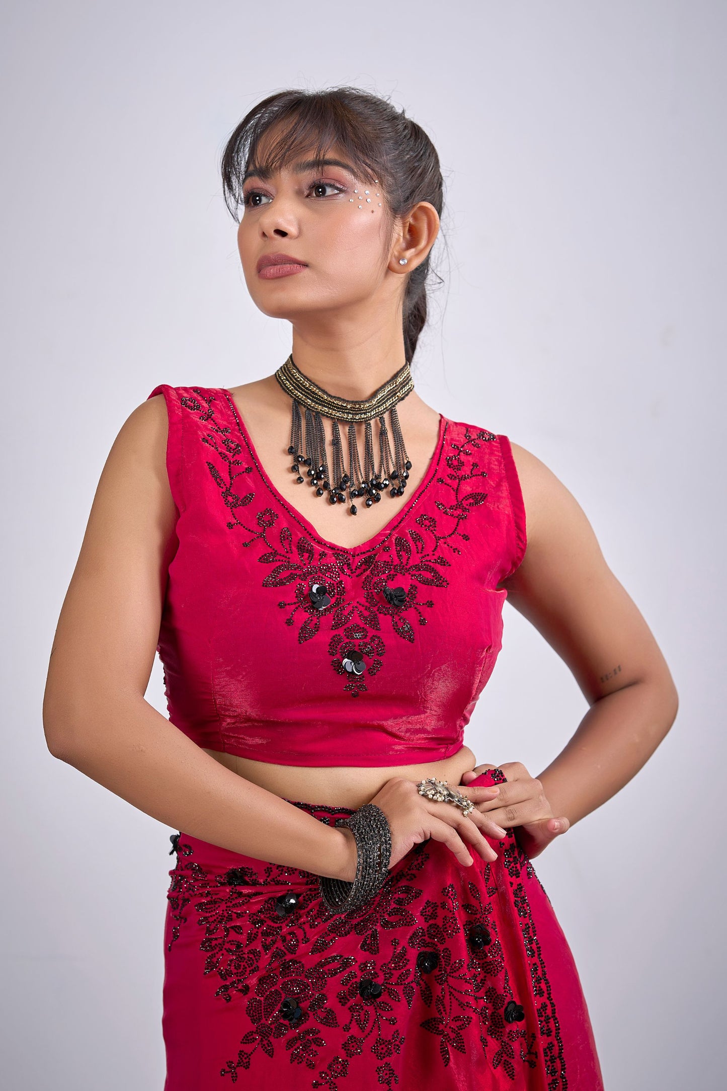Red Organza Saree with Black Floral Embroidery Designer Saree