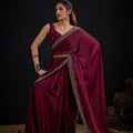 Wine Red Silk Saree with Embroidered Border Designer Saree