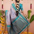 Lavender Silk Saree with Teal Woven Border Traditional Design