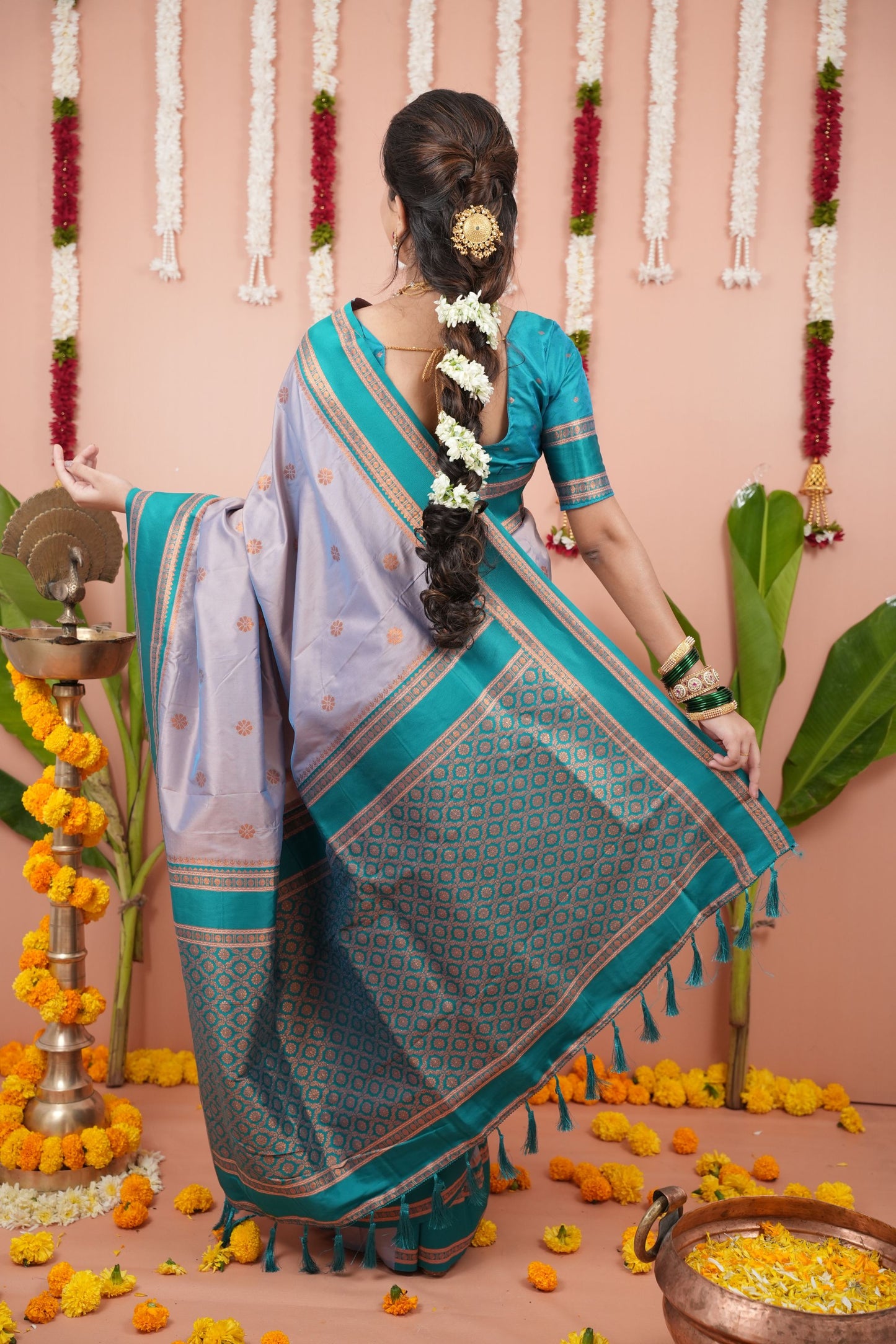 Lavender Silk Saree with Teal Woven Border Traditional Design