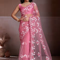 Pink Net Saree Floral Embroidery Matching Blouse Party Wear Saree 