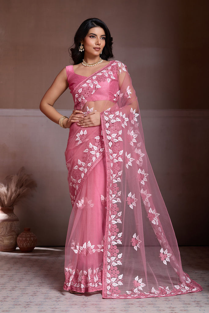 Pink Net Saree Floral Embroidery Matching Blouse Party Wear Saree 