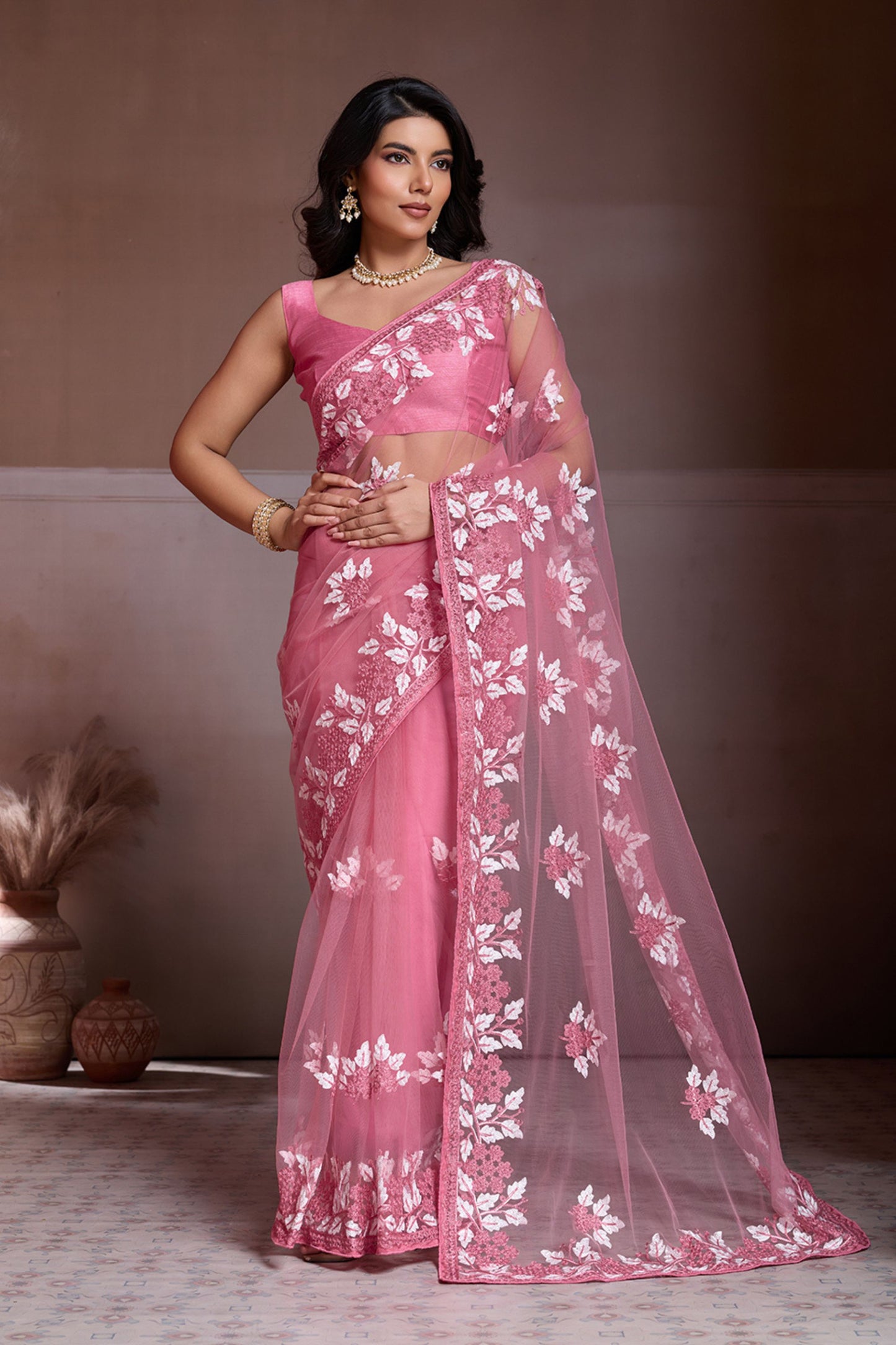 Pink Net Saree Floral Embroidery Matching Blouse Party Wear Saree 
