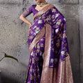 Royal Purple Banarasi Silk Saree Gold Zari Border Floral Weaving Saree