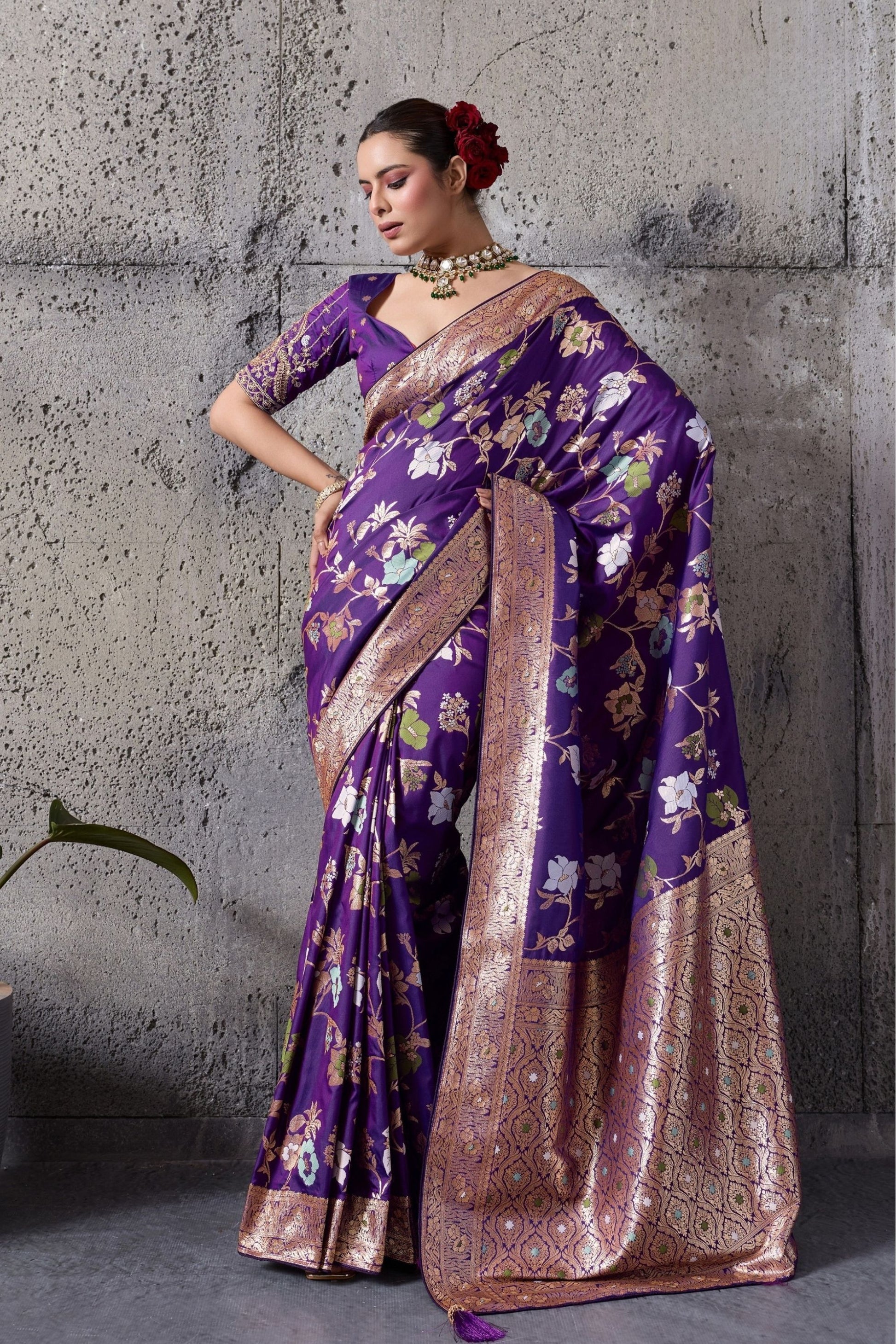 Royal Purple Banarasi Silk Saree Gold Zari Border Floral Weaving Saree