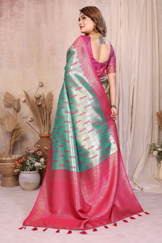 Sea Green Pink Banarasi Silk Saree with Zari Weaving and Contrast Blouse