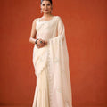 Cream Embroidered Georgette Saree Floral Motifs Designer Border