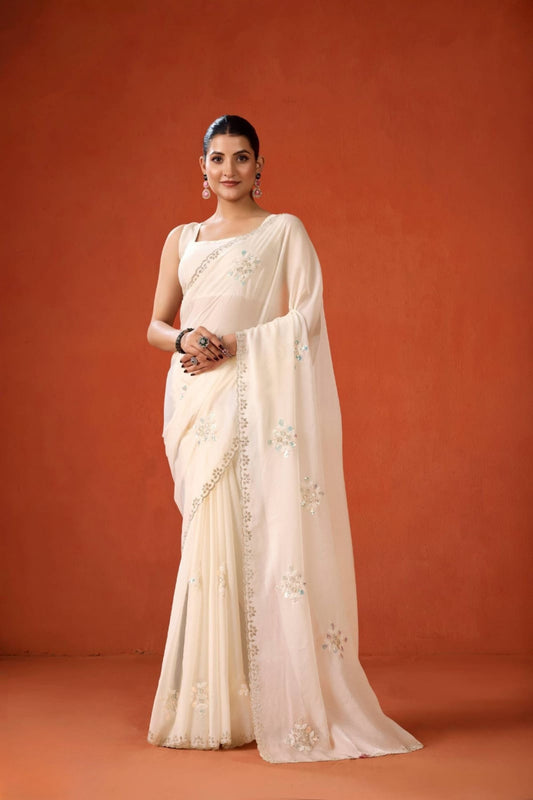 Cream Embroidered Georgette Saree Floral Motifs Designer Border