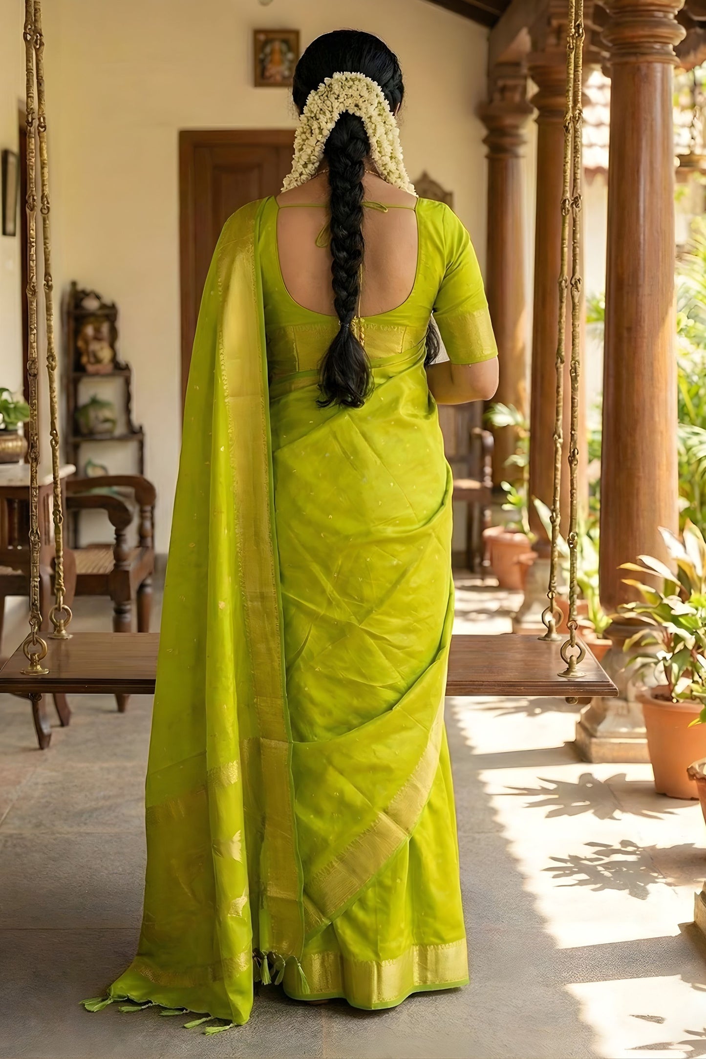 Lime Green Kanjivaram Silk Saree Gold Zari Border Motif Pallu